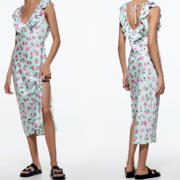Zara | Floral Print Satin Midi Dress | Ruffle Trims V Neck Slip Dress | size M - Picture 1 of 6
